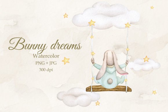 Enchanting Baby Bunny Dreams: Watercolor Design Assets