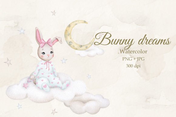 Enchanting Baby Bunny on a Cloud: A Watercolor Design Asset